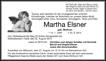 Traueranzeige von Martha Elsner von Frankenpost