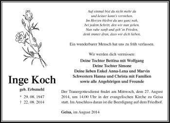 Traueranzeige von Inge Koch von Südthüringer Presse