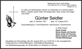 Traueranzeige von Günther Seidler von Frankenpost