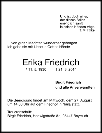 Traueranzeige von Erika Friedrich von Frankenpost