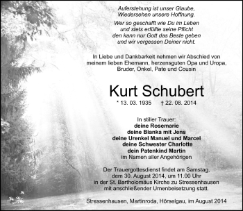 Traueranzeige von Kurt Schubert von Südthüringer Presse