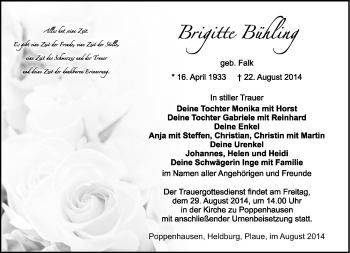Traueranzeige von Brigitte Bühling von Südthüringer Presse