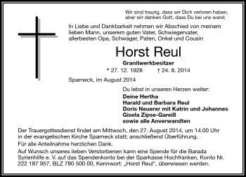 Traueranzeige von Horst Reul von Frankenpost
