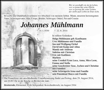 Traueranzeige von Johannes Mühlmann von Südthüringer Presse