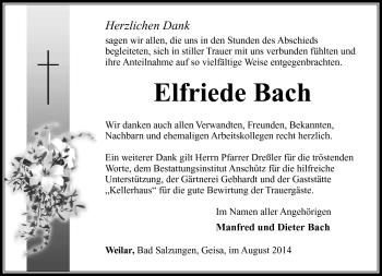 Traueranzeige von Elfriede Bach von Südthüringer Presse