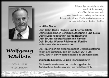 Traueranzeige von Wolfgang Rädlein von Südthüringer Presse