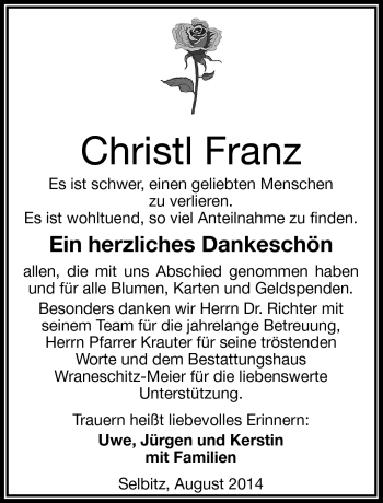 Traueranzeige von Christl Franz von Frankenpost