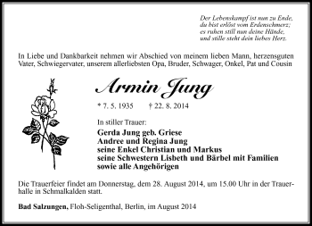 Traueranzeige von Armin Jung von Südthüringer Presse