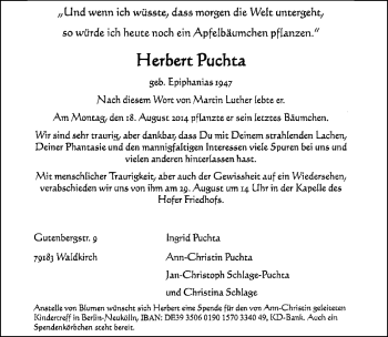 Traueranzeige von Herbert Puchta von Frankenpost