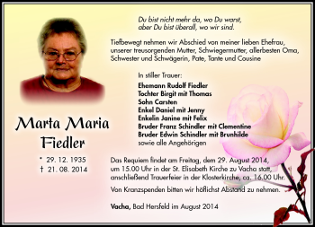 Traueranzeige von Marta Maria Fiedler von Südthüringer Presse