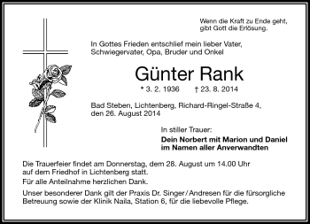 Traueranzeige von Günter Rank von Frankenpost