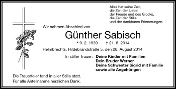 Traueranzeige von Günther Sabisch von Frankenpost