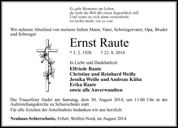 Traueranzeige von Ernst Raute von Südthüringer Presse
