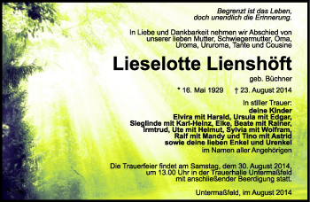 Traueranzeige von Lieselotte Lienshöft von Südthüringer Presse