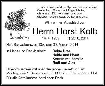 Traueranzeige von Horst Kolb von Frankenpost