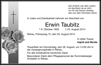 Traueranzeige von Erwinq Taubitz von Frankenpost