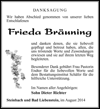 Traueranzeige von Frieda Bräuning von Südthüringer Presse