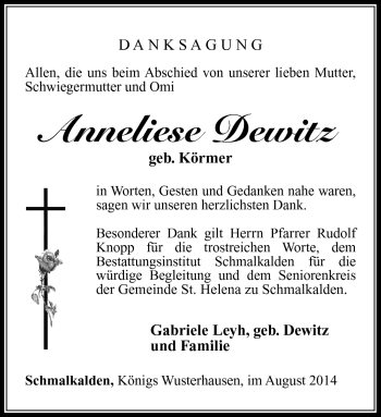 Traueranzeige von Anneliese Dewitz von Südthüringer Presse