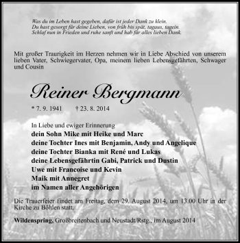 Traueranzeige von Reiner Bergmann von Südthüringer Presse