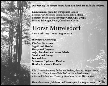 Traueranzeige von Horst Mittelsdorf von Südthüringer Presse