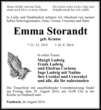 Traueranzeige von Emma Storandt von Südthüringer Presse