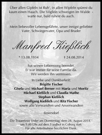 Traueranzeige von Manfred Kießlich von Neue Presse Coburg