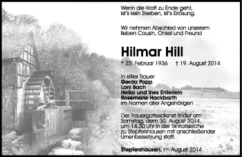 Traueranzeige von Hilmar Hill von Südthüringer Presse