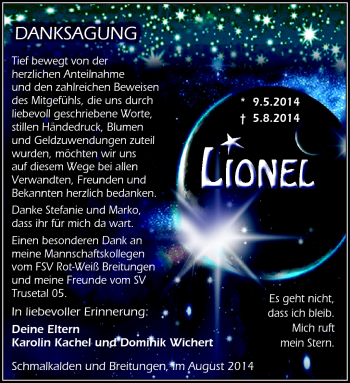 Traueranzeige von Lionel  von Südthüringer Presse