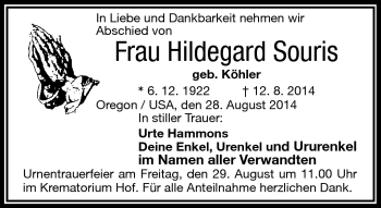 Traueranzeige von Hildegard Souris von Frankenpost