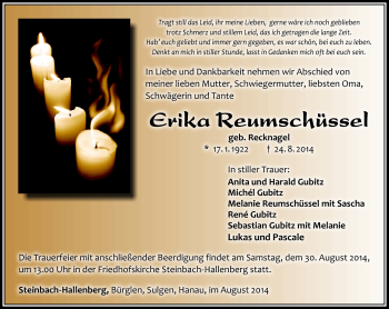 Traueranzeige von Erika Reumschüssel von Südthüringer Presse