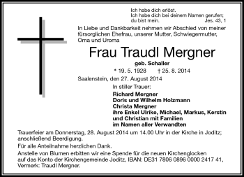 Traueranzeige von Traudl Mergner von Frankenpost