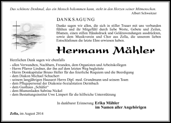 Traueranzeige von Hermann Mähler von Südthüringer Presse