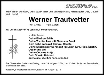 Traueranzeige von Werner Trautvetter von Südthüringer Presse