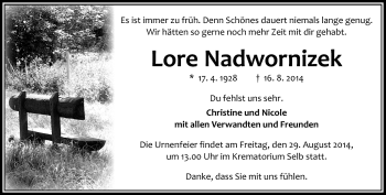 Traueranzeige von Lore Nadwornizek von Frankenpost