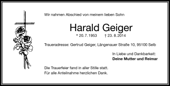 Traueranzeige von Harald Geiger von Frankenpost