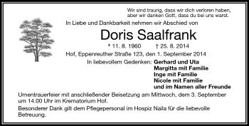 Traueranzeige von Doris Saalfrank von Frankenpost