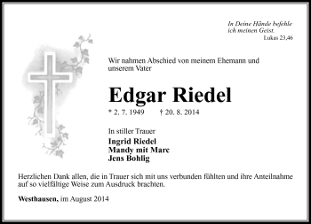 Traueranzeige von Edgar Riedel von Südthüringer Presse