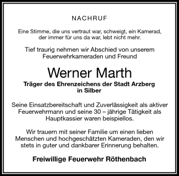 Traueranzeige von Werner Marth von Frankenpost
