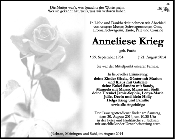 Traueranzeige von Anneliese Krieg von Südthüringer Presse