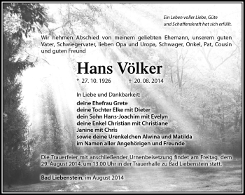 Traueranzeige von Hans Völker von Südthüringer Presse
