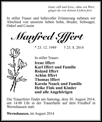 Traueranzeige von Manfred Iffert von Südthüringer Presse