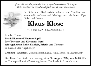 Traueranzeige von Klaus Klose von Südthüringer Presse