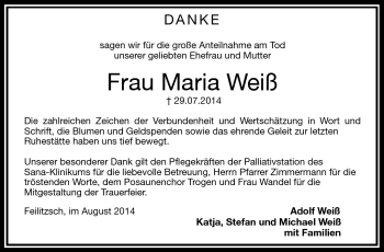 Traueranzeige von Maria Weiß von Frankenpost