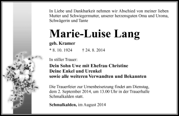 Traueranzeige von Marie-Luise Lang von Südthüringer Presse