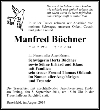 Traueranzeige von Manfred Büchner von Südthüringer Presse