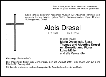 Traueranzeige von Alois Dresel von Neue Presse Coburg
