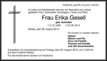 Traueranzeige von Erika Gesell von Frankenpost