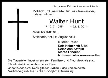 Traueranzeige von Walter Flunt von Frankenpost