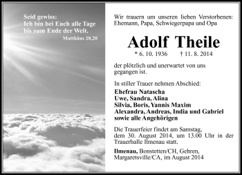 Traueranzeige von Adolf Theile von Südthüringer Presse