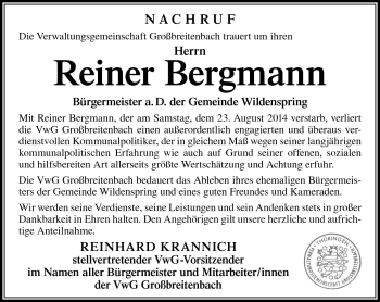 Traueranzeige von Rainer Bergmann von Südthüringer Presse